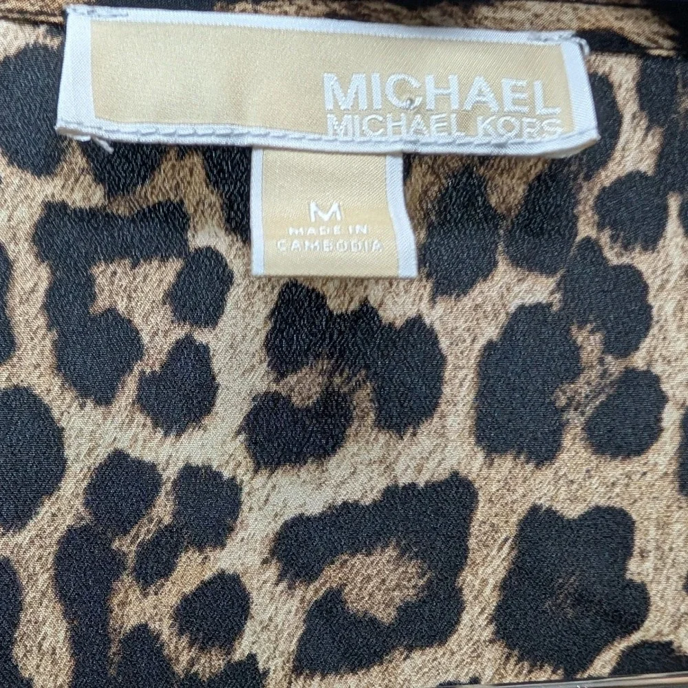 Michael Kors Blouse Leopard Animal Print Smocked Waist Puff Sleeve - Medium